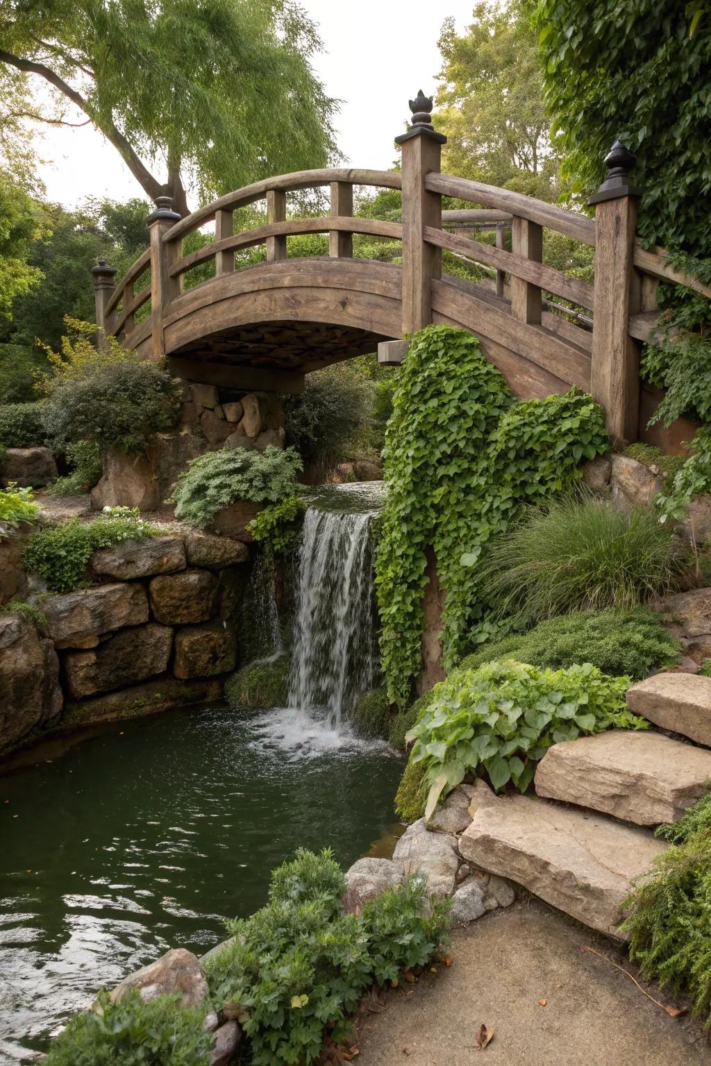 A bridge with a built-in waterfall adds an auditory delight.