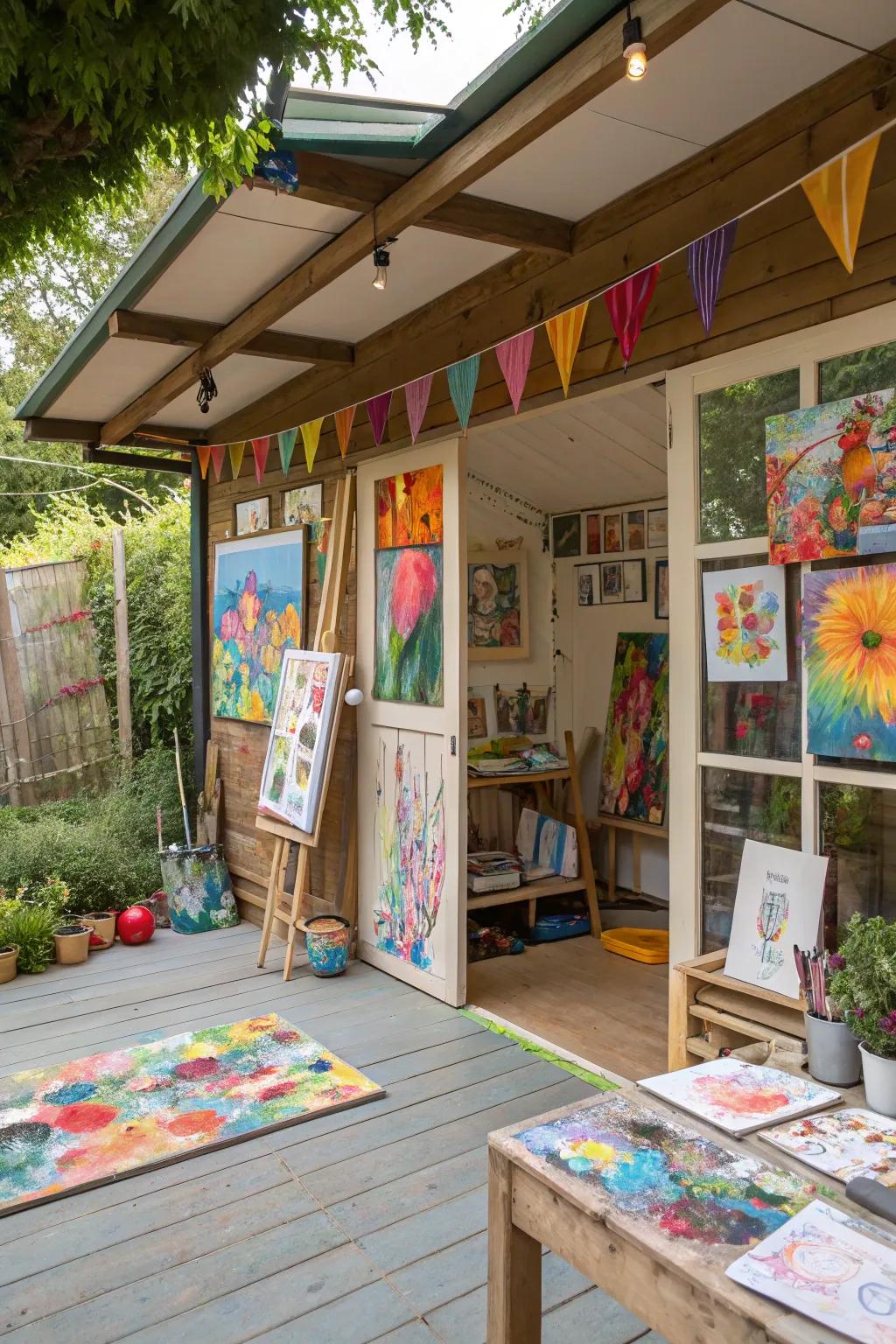 A garden building transformed into a creative and vibrant art studio.