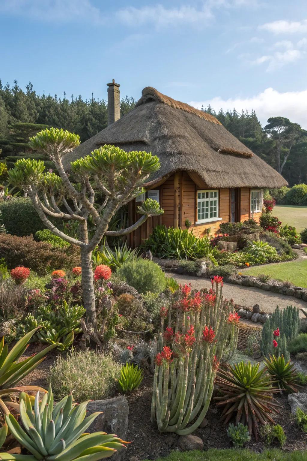 Unusual plants add an exotic flair to this garden bungalow.