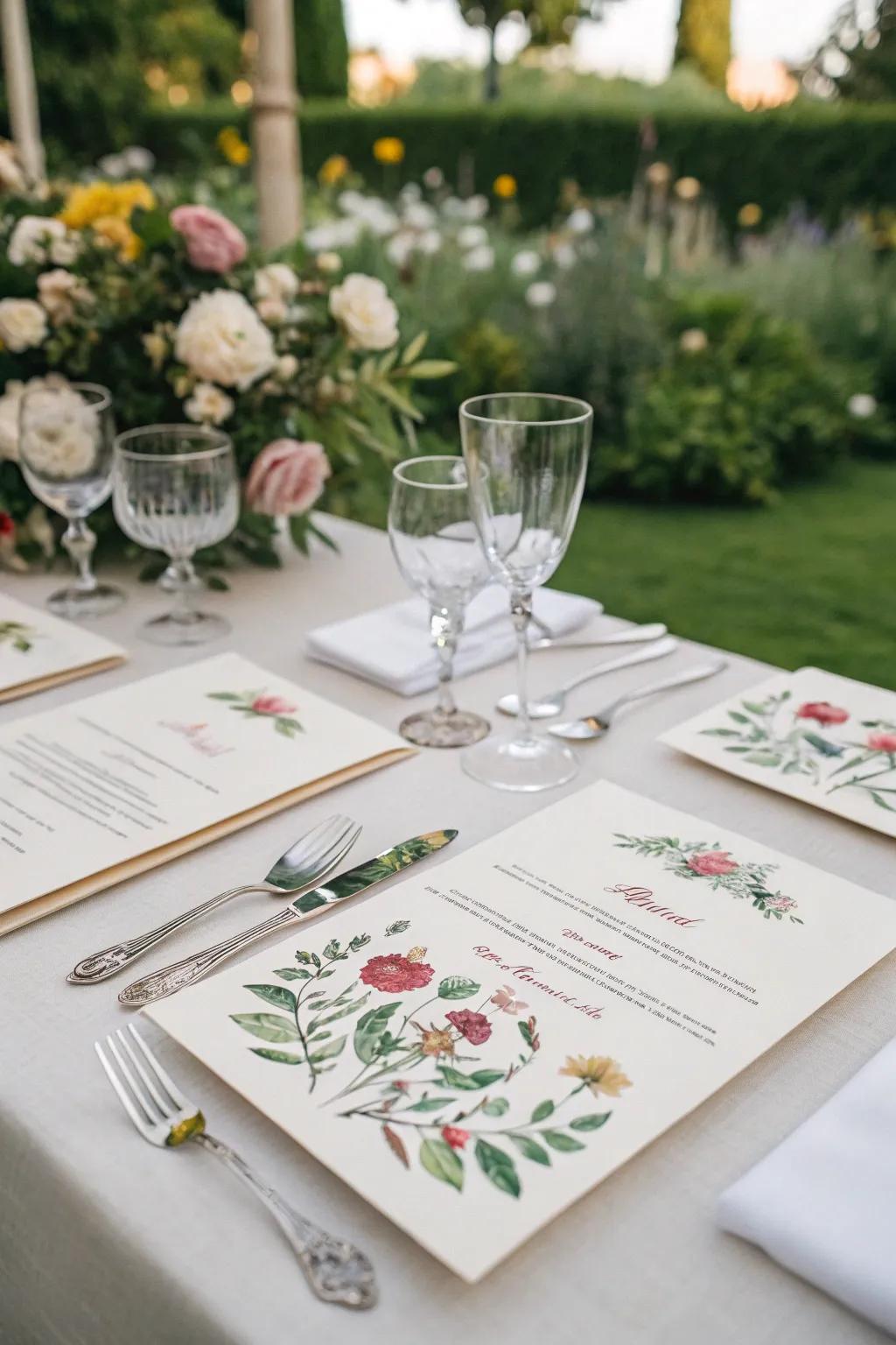 Elegant garden-themed menu cards enhancing the dining experience.