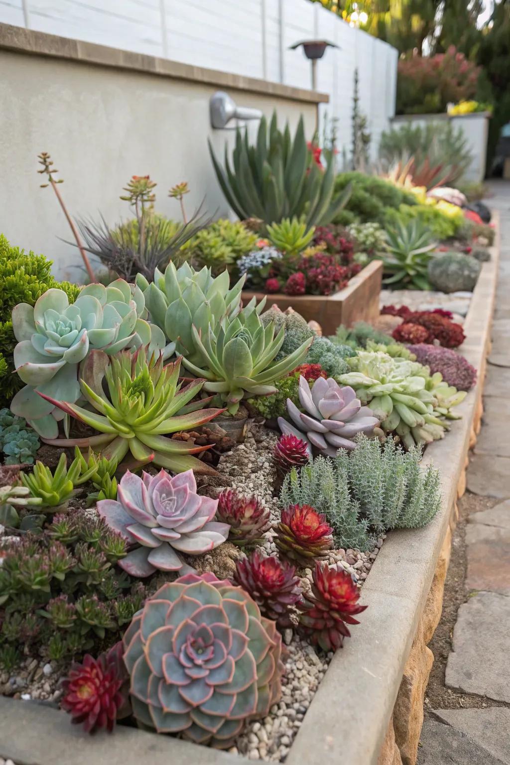 A low-maintenance garden display featuring a variety of succulents.