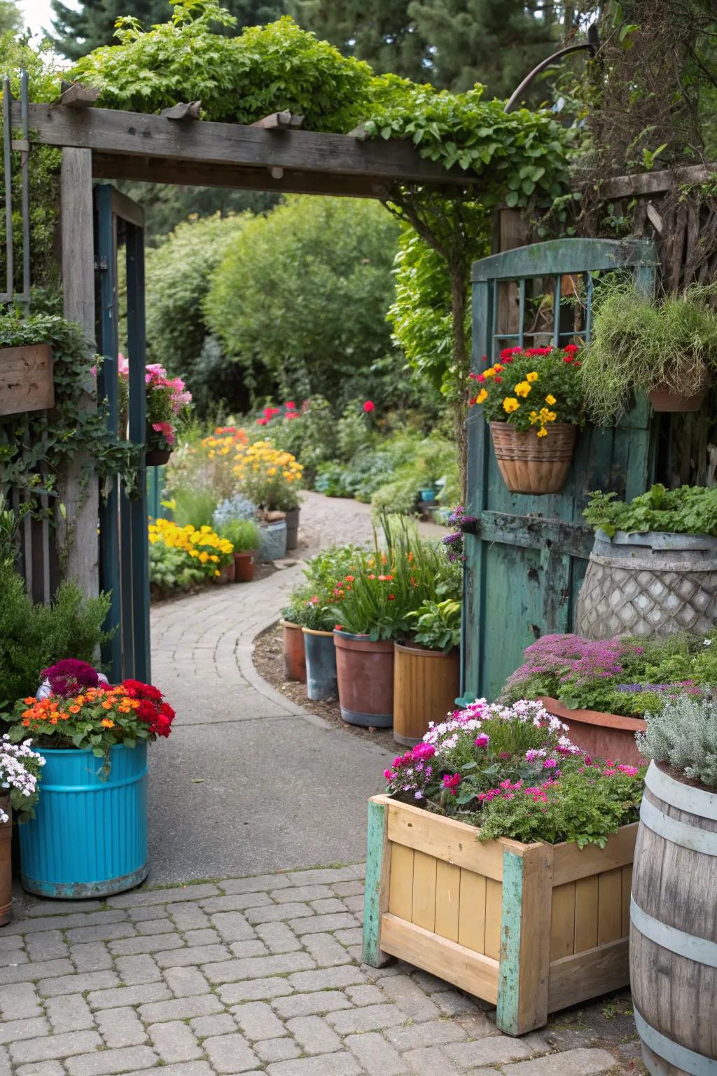 Eclectic plant containers add character and color to the garden entrance.
