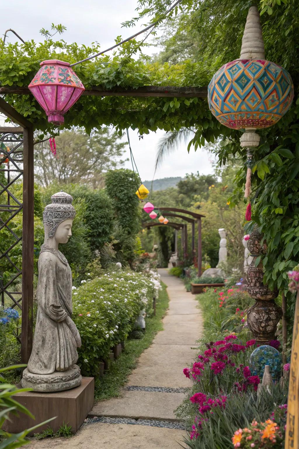 Artistic touches add personality and intrigue to the garden entrance.