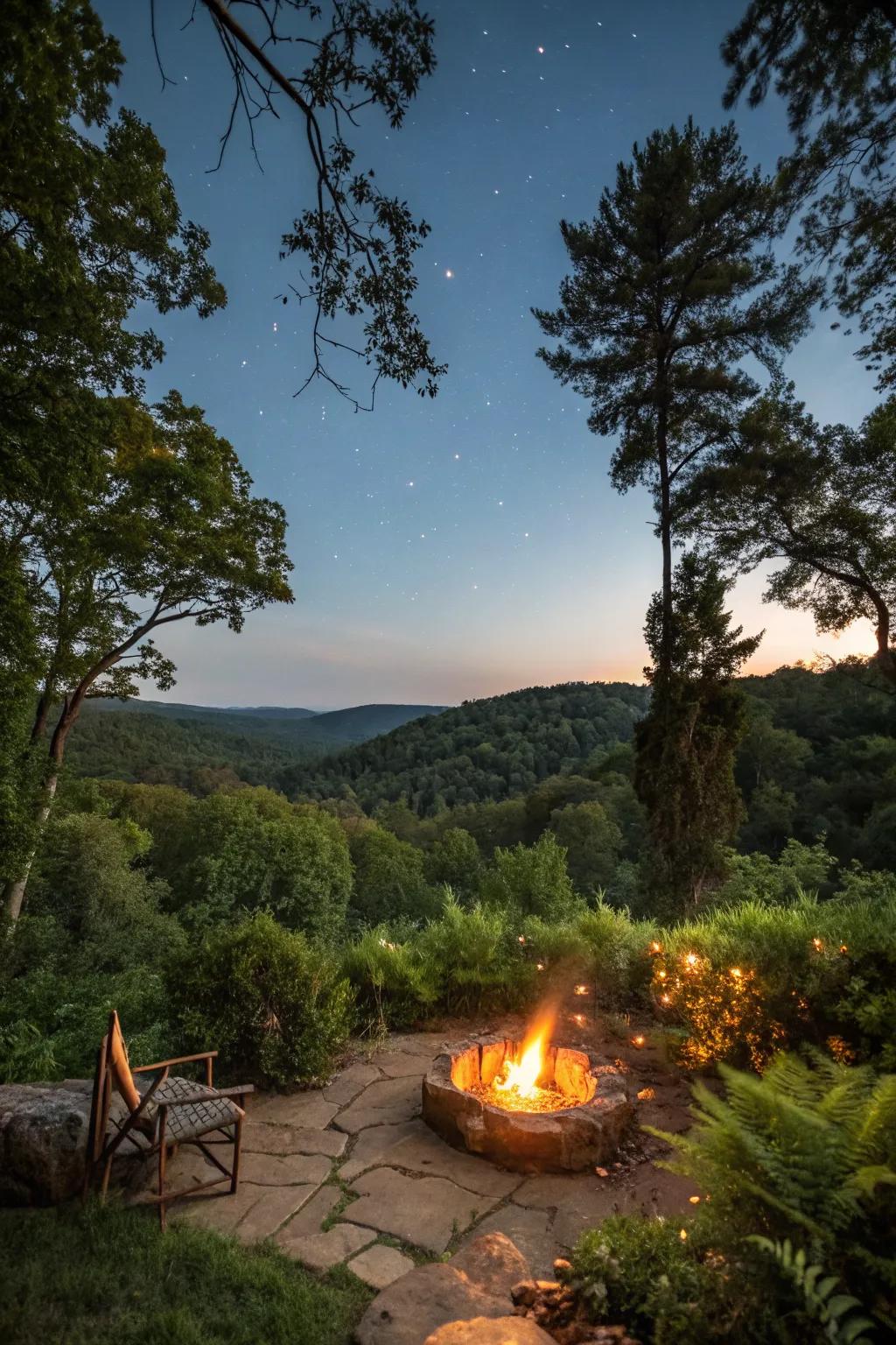 Lush greenery creates a serene retreat around the fire pit.