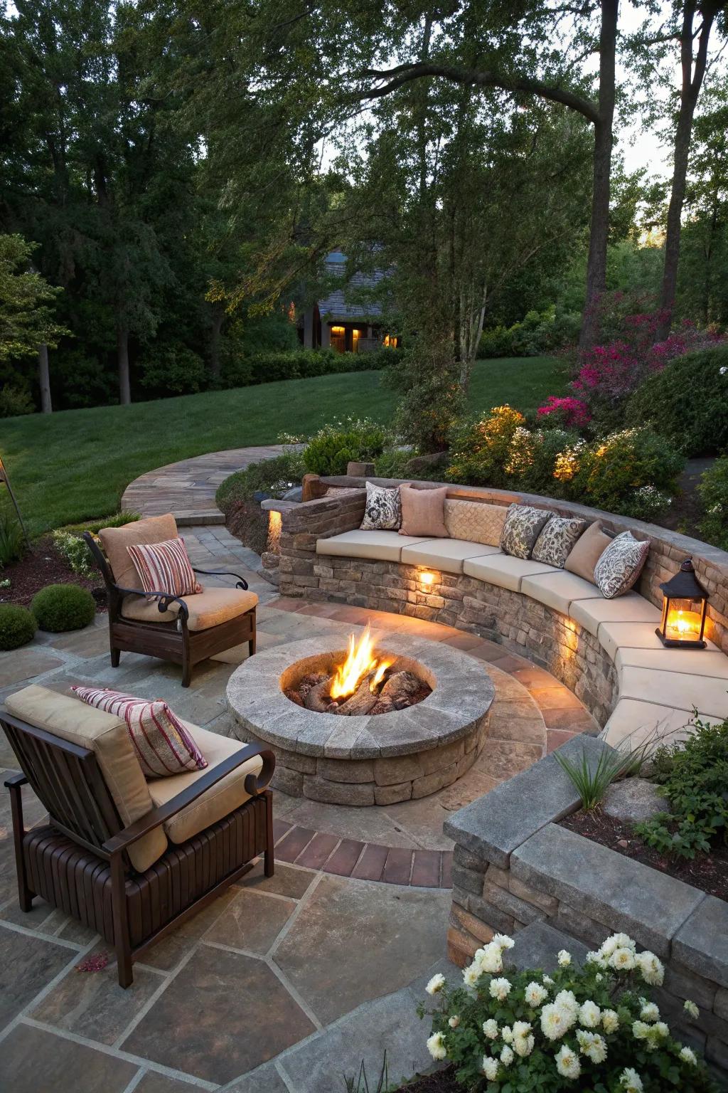 A sunken firepit area provides intimacy and wind protection.