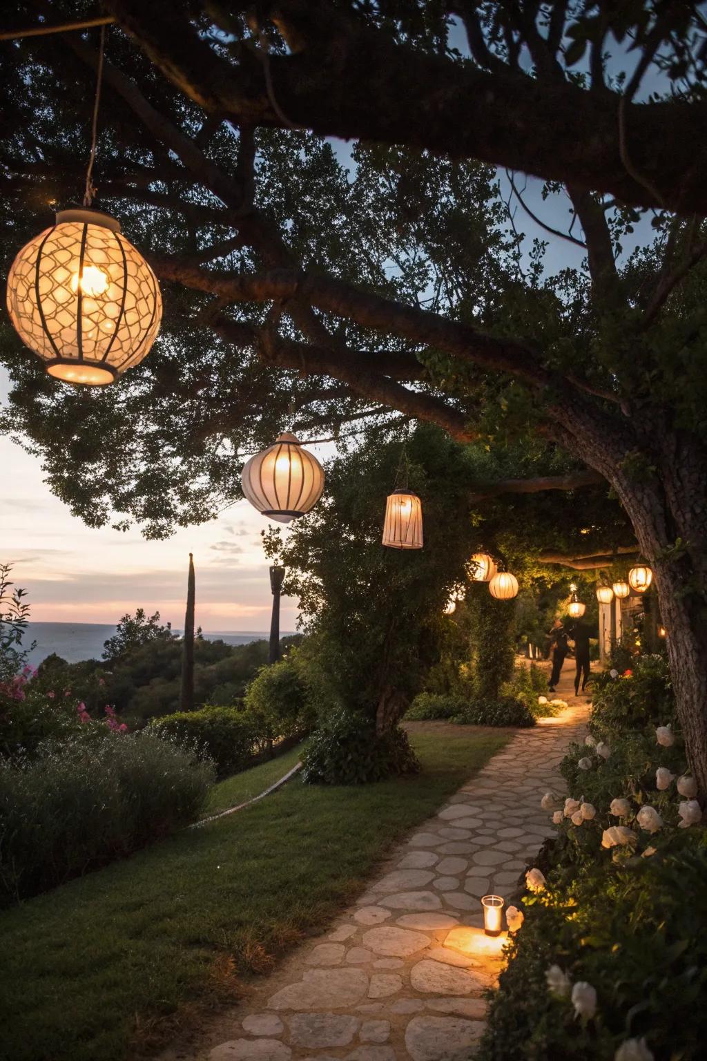 Lanterns create a magical and inviting atmosphere in the garden.