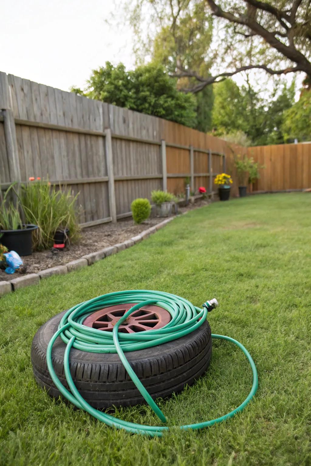 An eco-friendly tire rim repurposed as a hose reel.