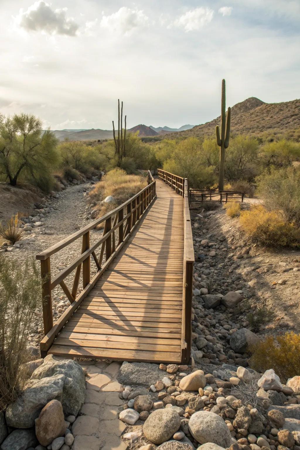 A wooden bridge gracefully spans a dry riverbed.