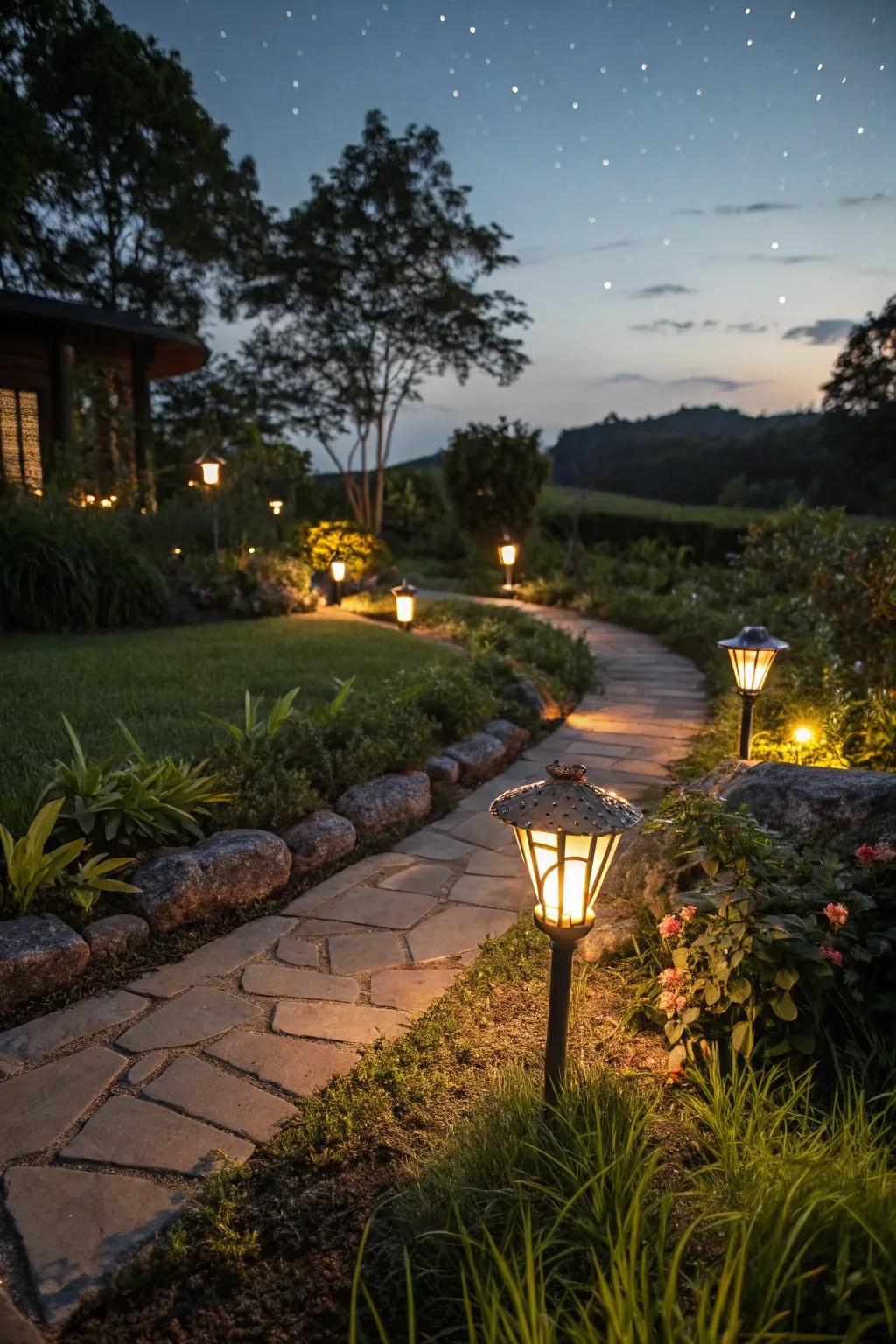 Eco-friendly solar lights glowing in a beautifully lit garden.