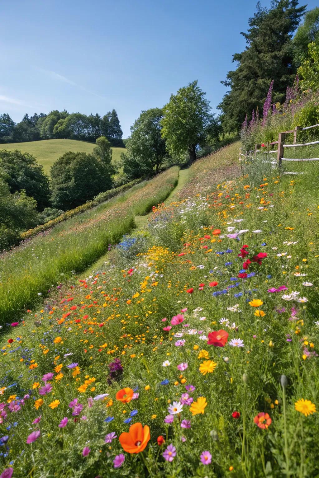A wildflower meadow brings natural beauty and whimsy to a slope.