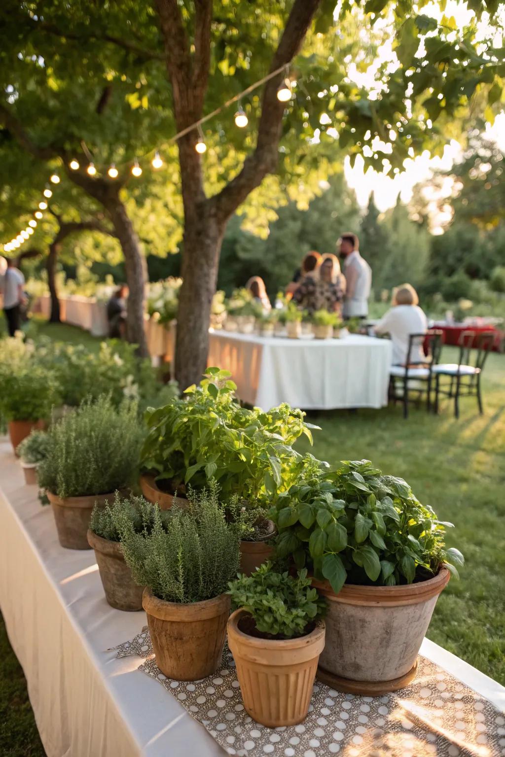 Potted herb centerpieces add fragrance and greenery to the table.