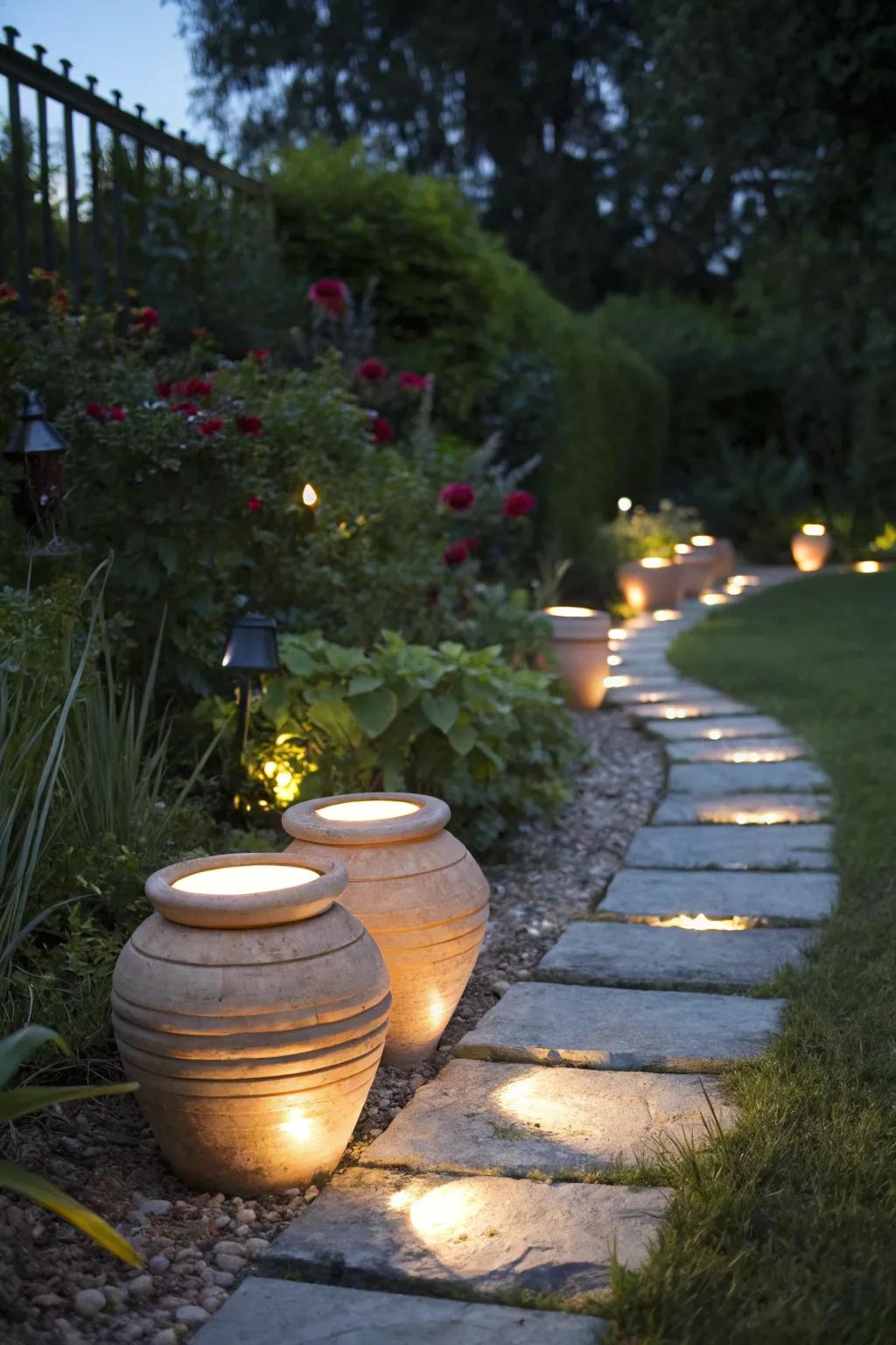 Ceramic pots as bases for pathway lighting add charm and safety.