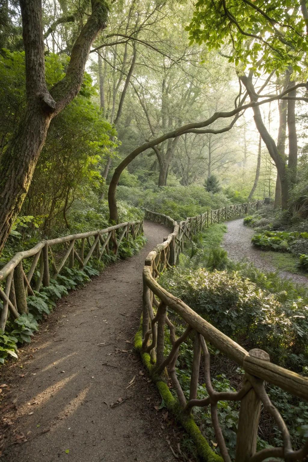 Branch railings add whimsy and natural charm to woodland gardens.