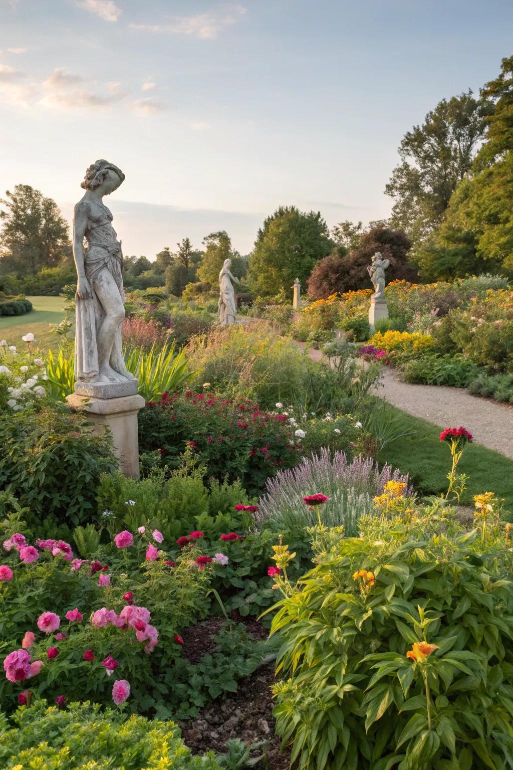 Artistic sculptures adding character to the garden.