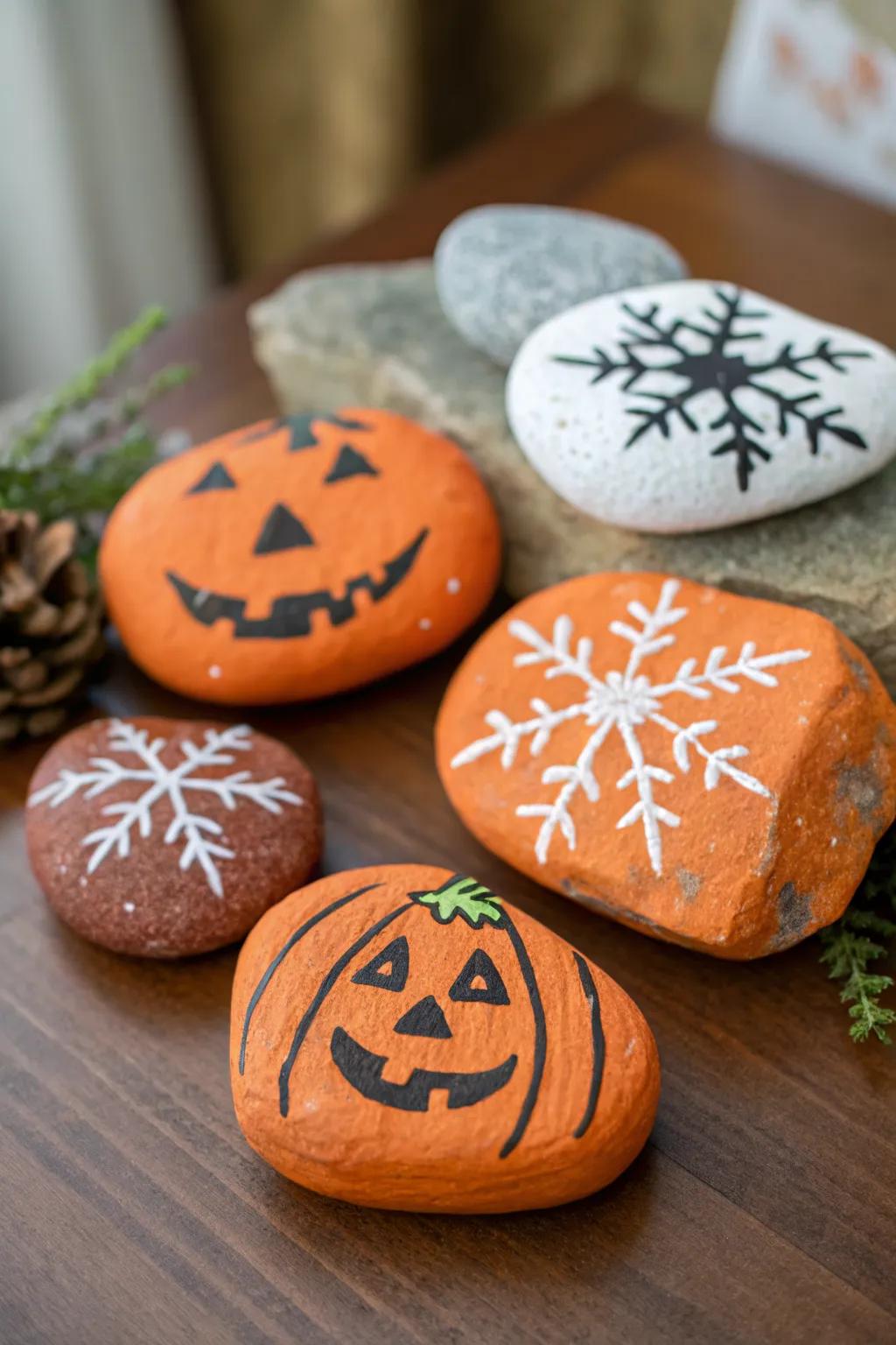 Seasonal painted rocks add festive flair to gardens.