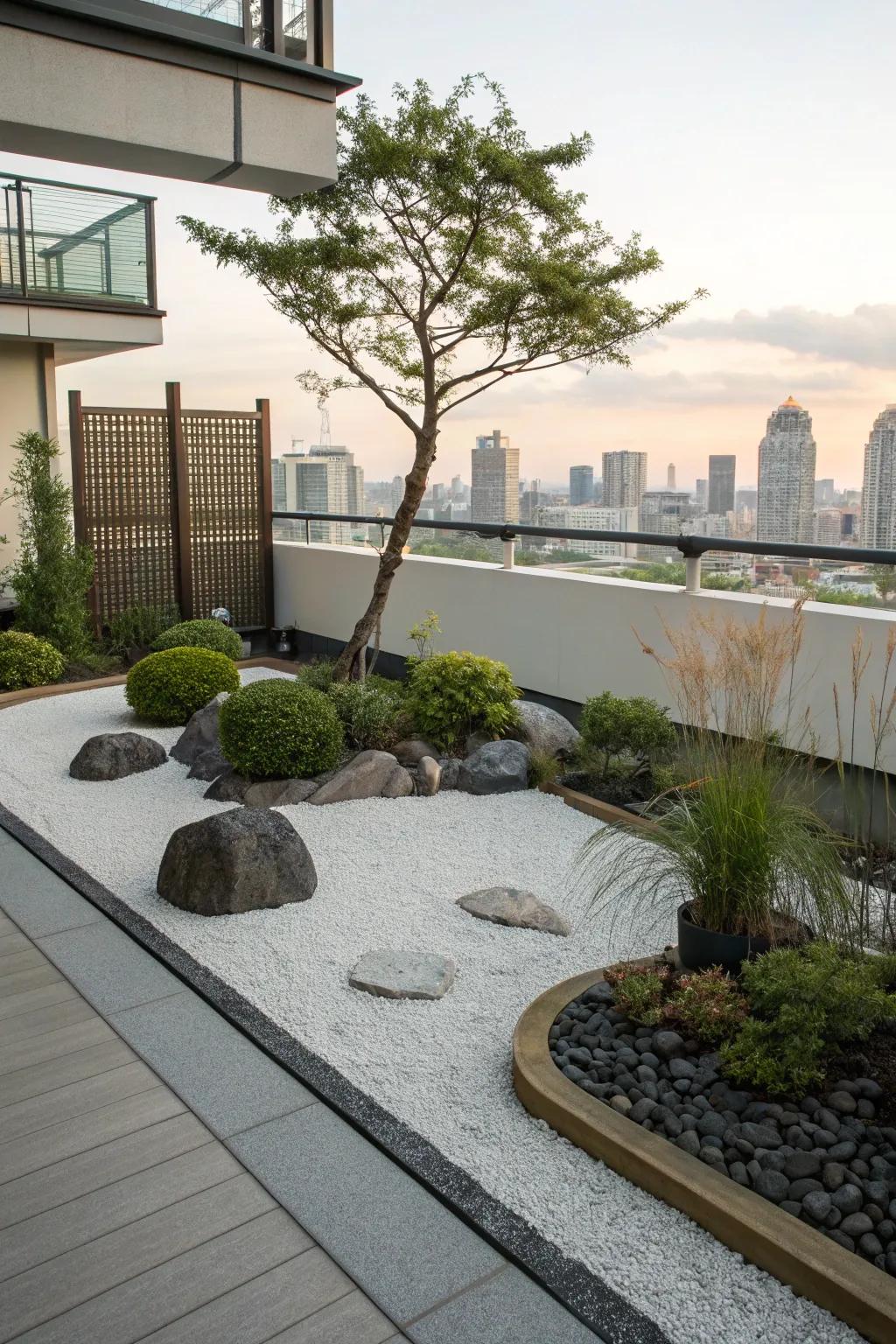 A tranquil Zen retreat on a rooftop garden.
