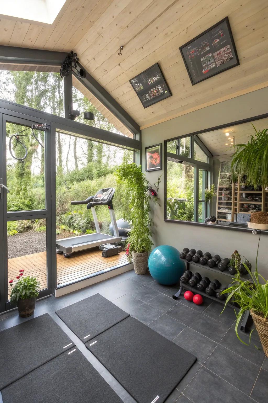 A home gym setup in a garden room extension.