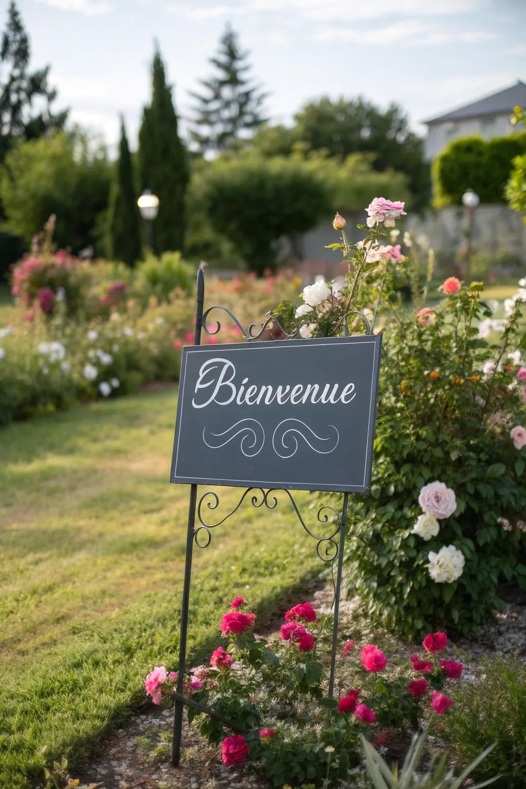 Cultural heritage signs add a personal touch to the garden.