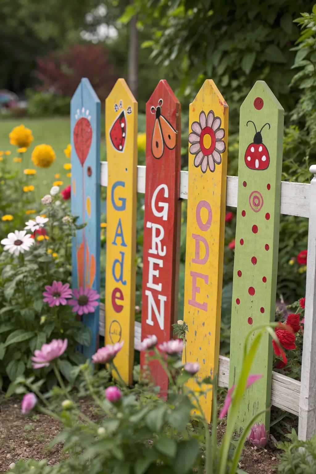 A playful garden sign crafted from vibrant painted fence panels.