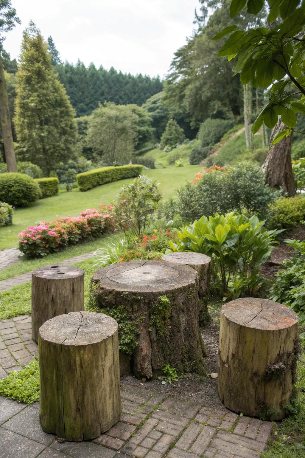 Tree stump seating adds rustic charm to your garden space.