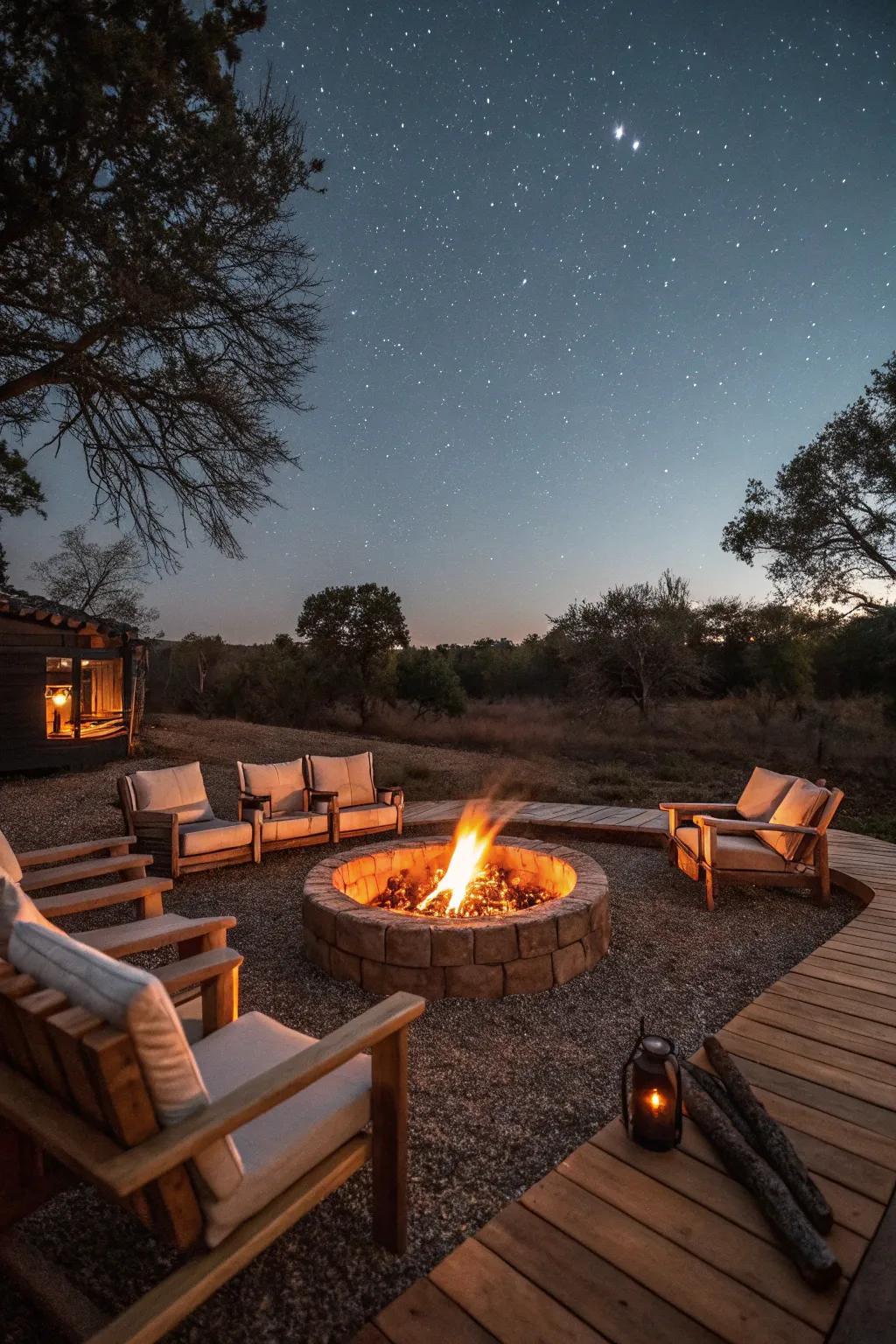 A welcoming fire pit area with a sleeper surround.