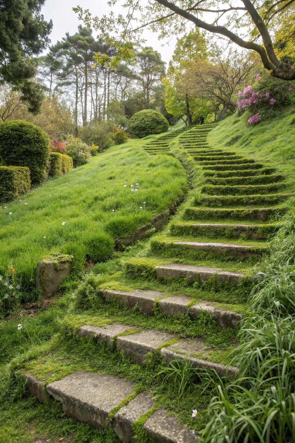 Whimsical grass-covered stairs creating a seamless garden path.