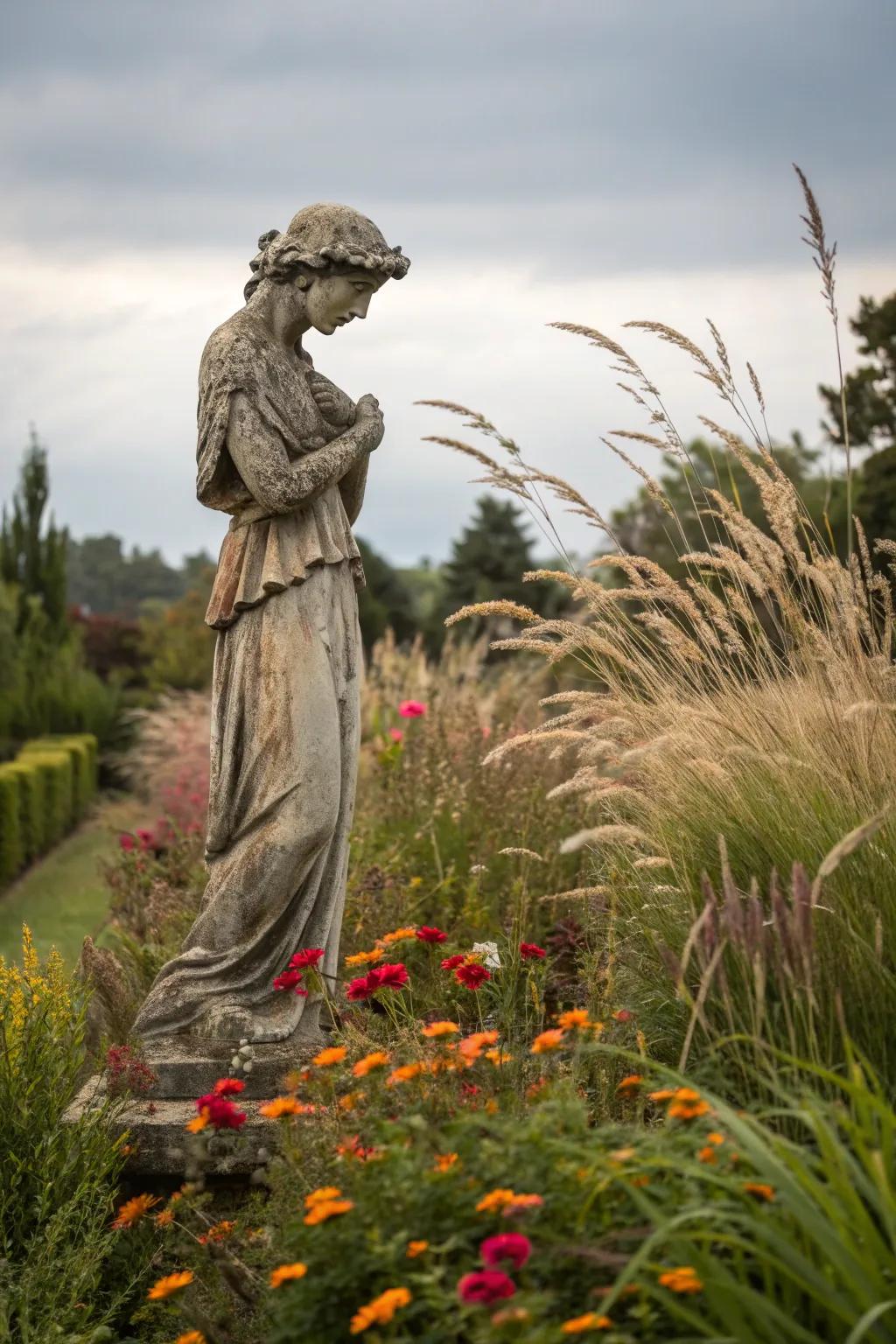 Vintage statues introduce a rustic charm to your garden.
