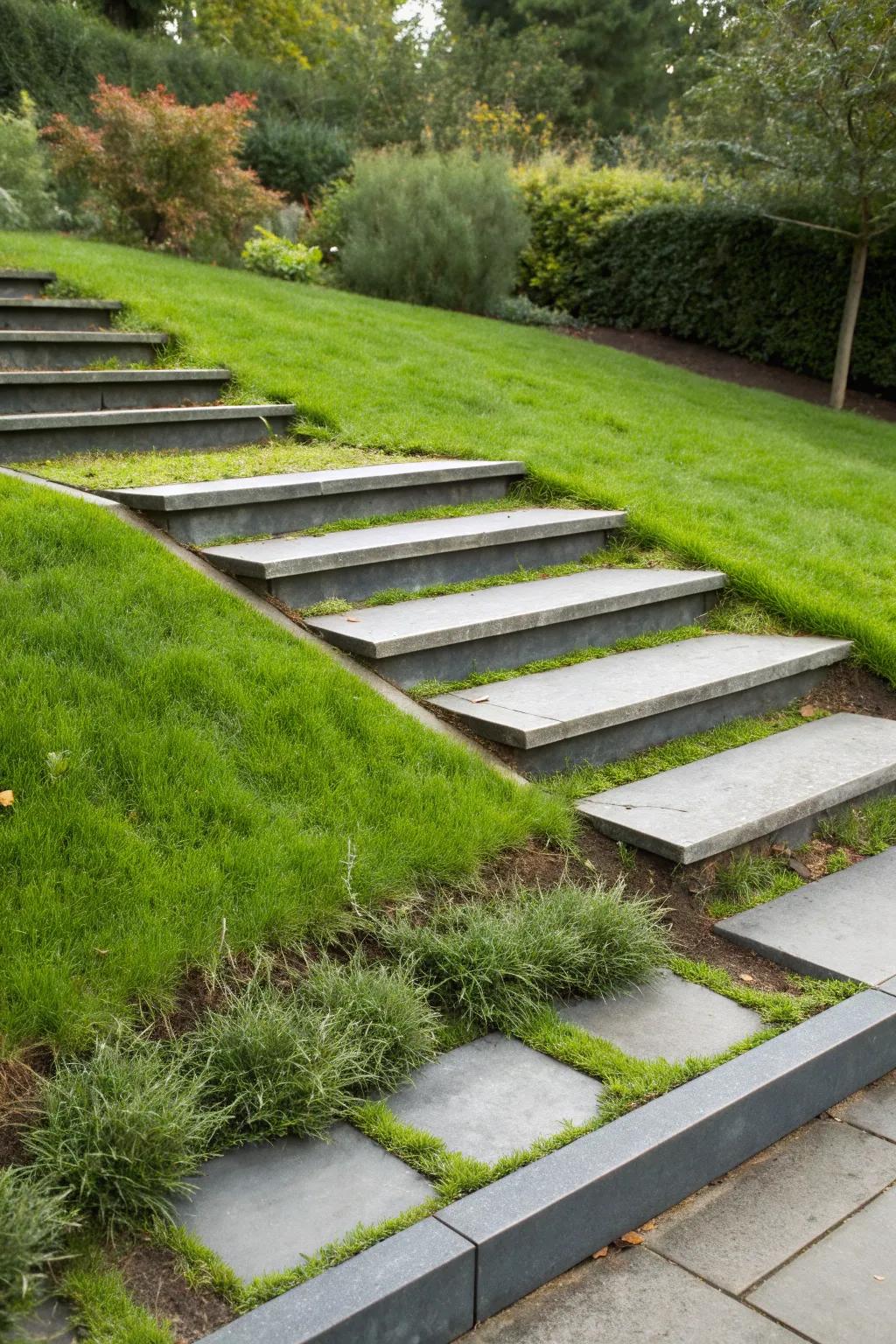 Steel and grass create a sleek yet organic design.
