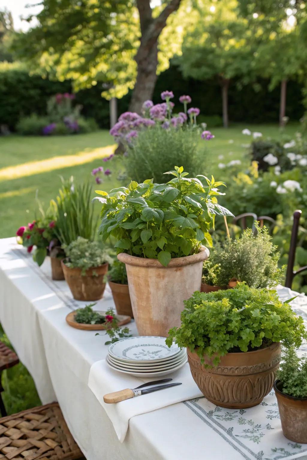 Herb centerpieces offer a fragrant and eco-friendly decor option.