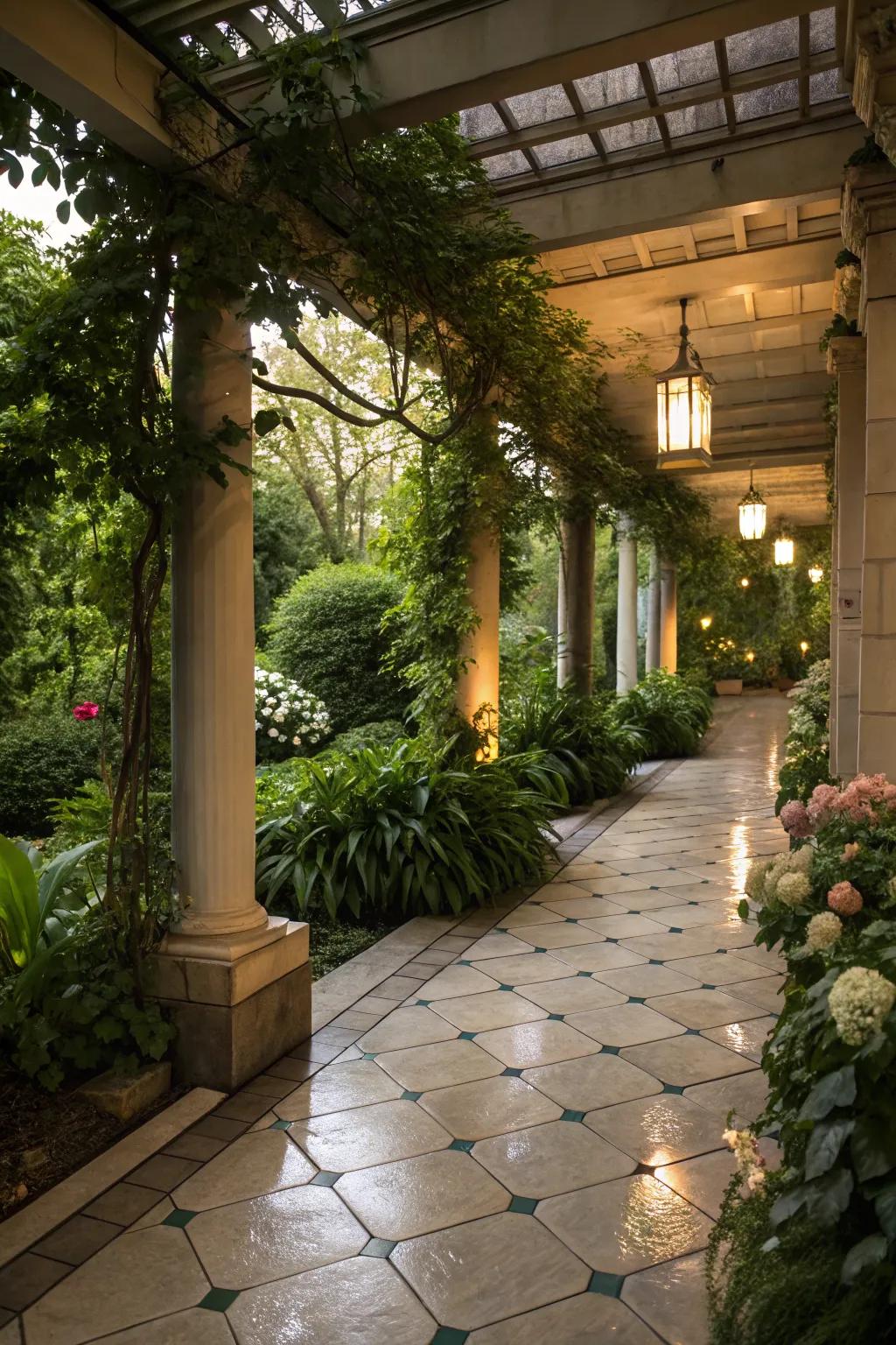 Polished tiles enhance the elegance of covered garden areas.