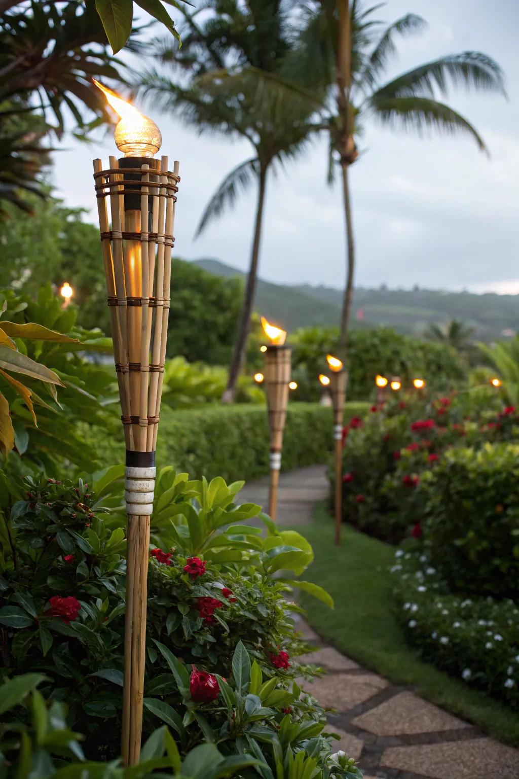 Bamboo torches add an earthy, tropical vibe to gardens.