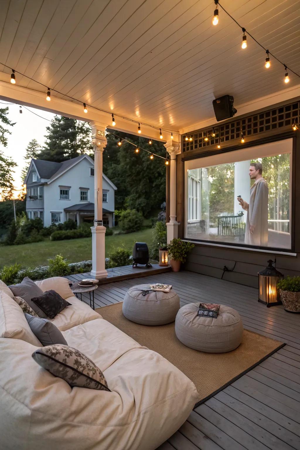 An outdoor cinema setup on a garden veranda for magical movie nights.