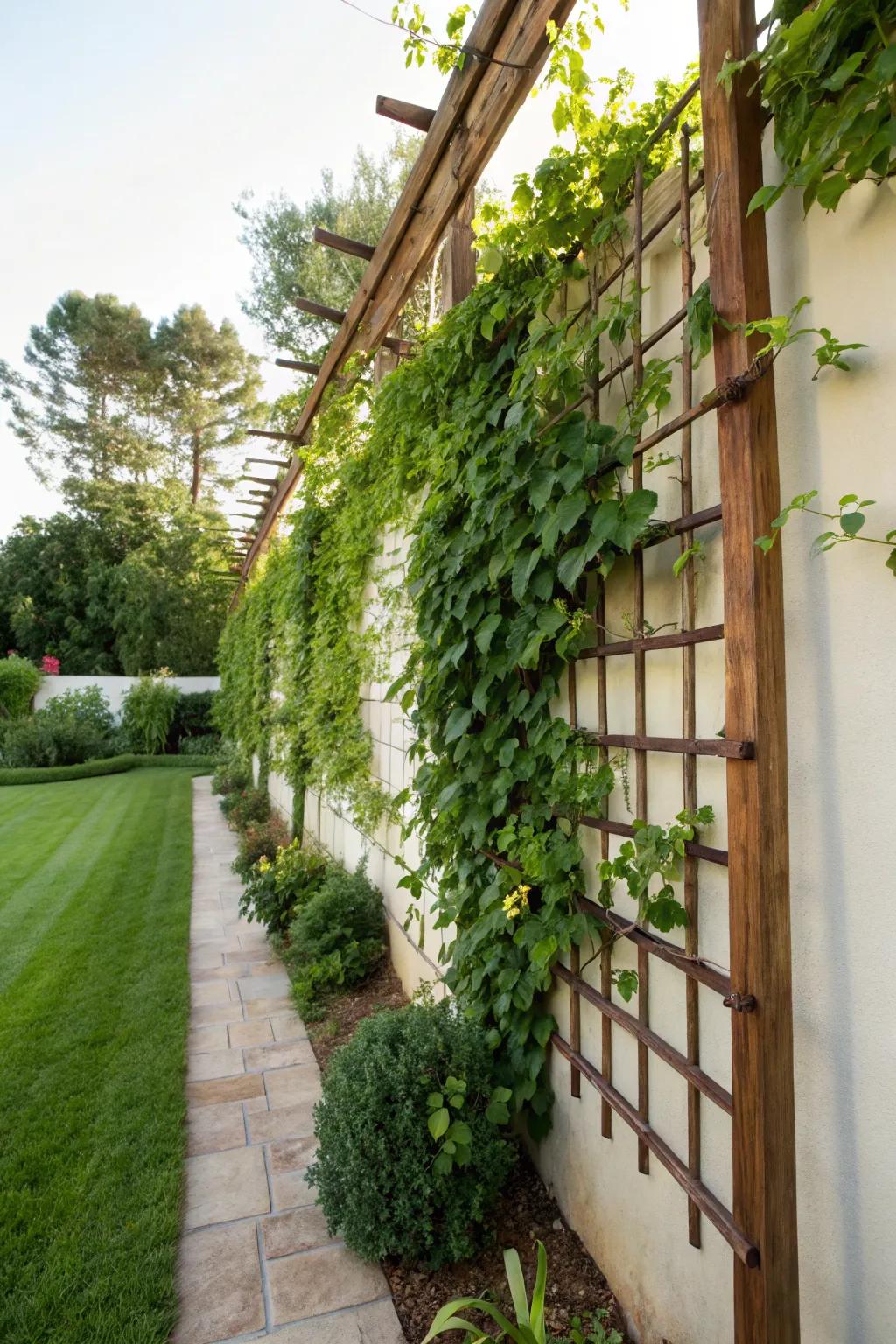 Climbing vines on trellises transform walls into lush green displays.