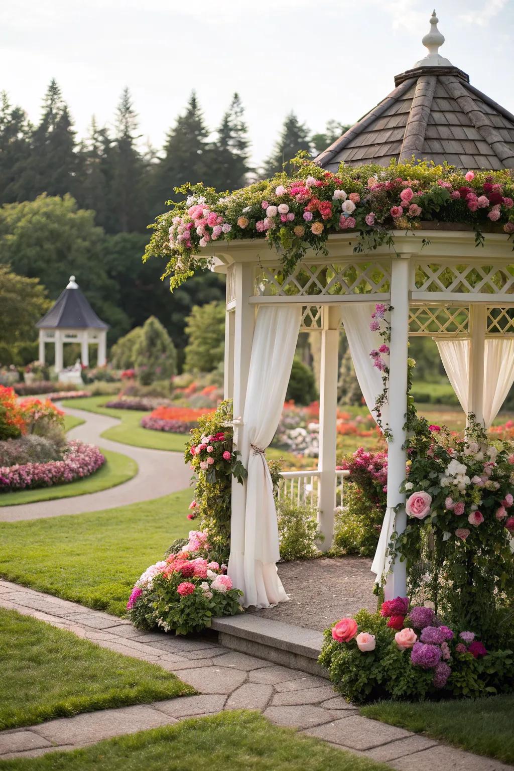 A beautifully decorated gazebo serving as a garden wedding centerpiece.