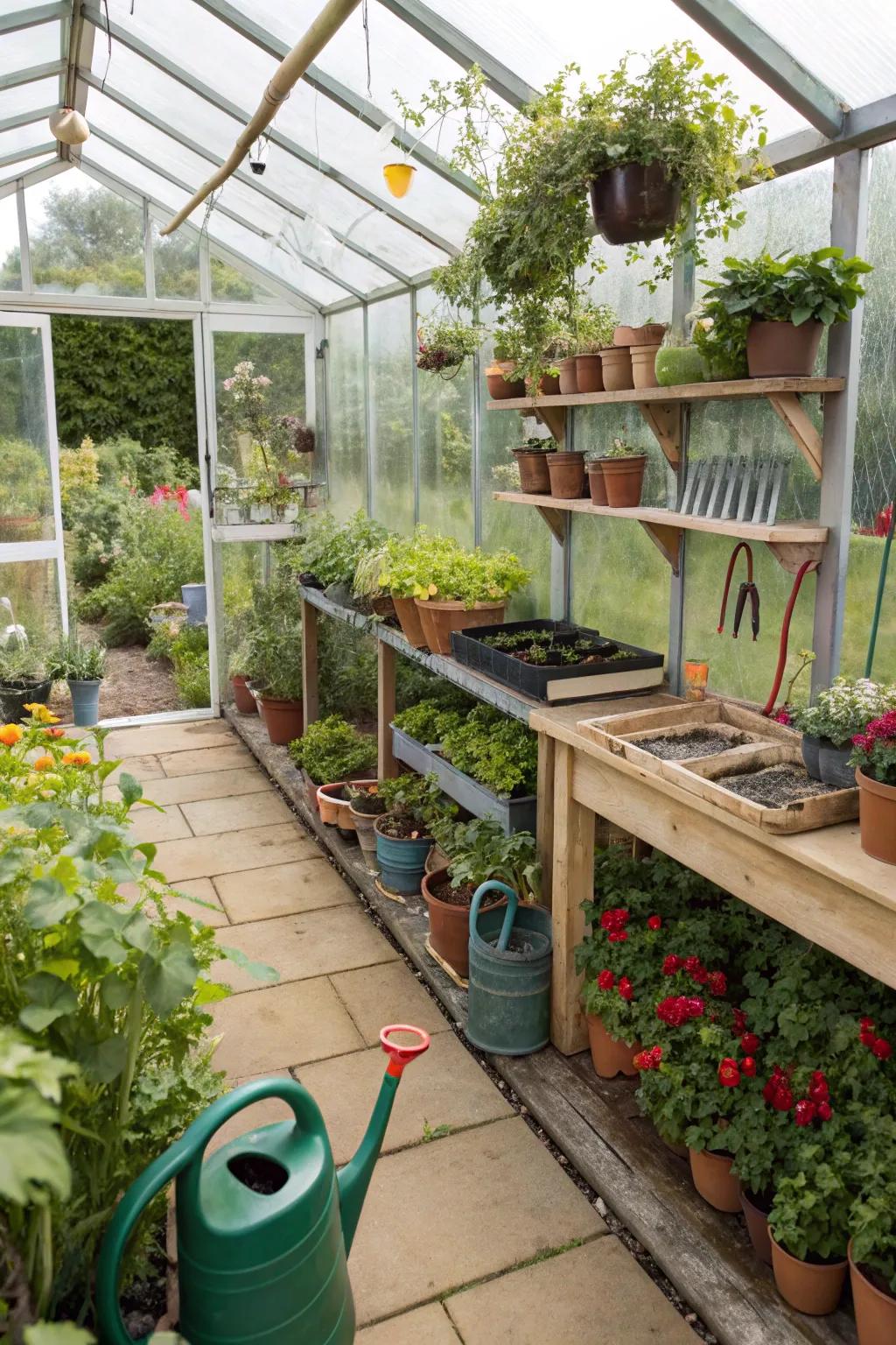 A greenhouse getaway integrated with a garden workshop.