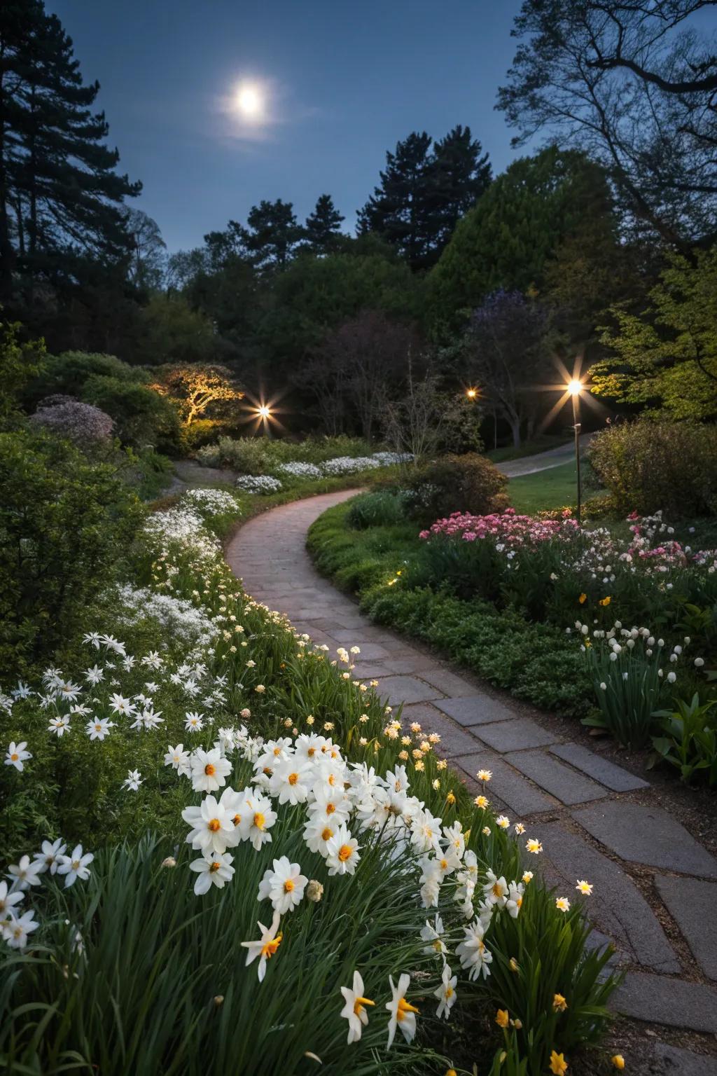 A tranquil night garden aglow with moonlit blooms.