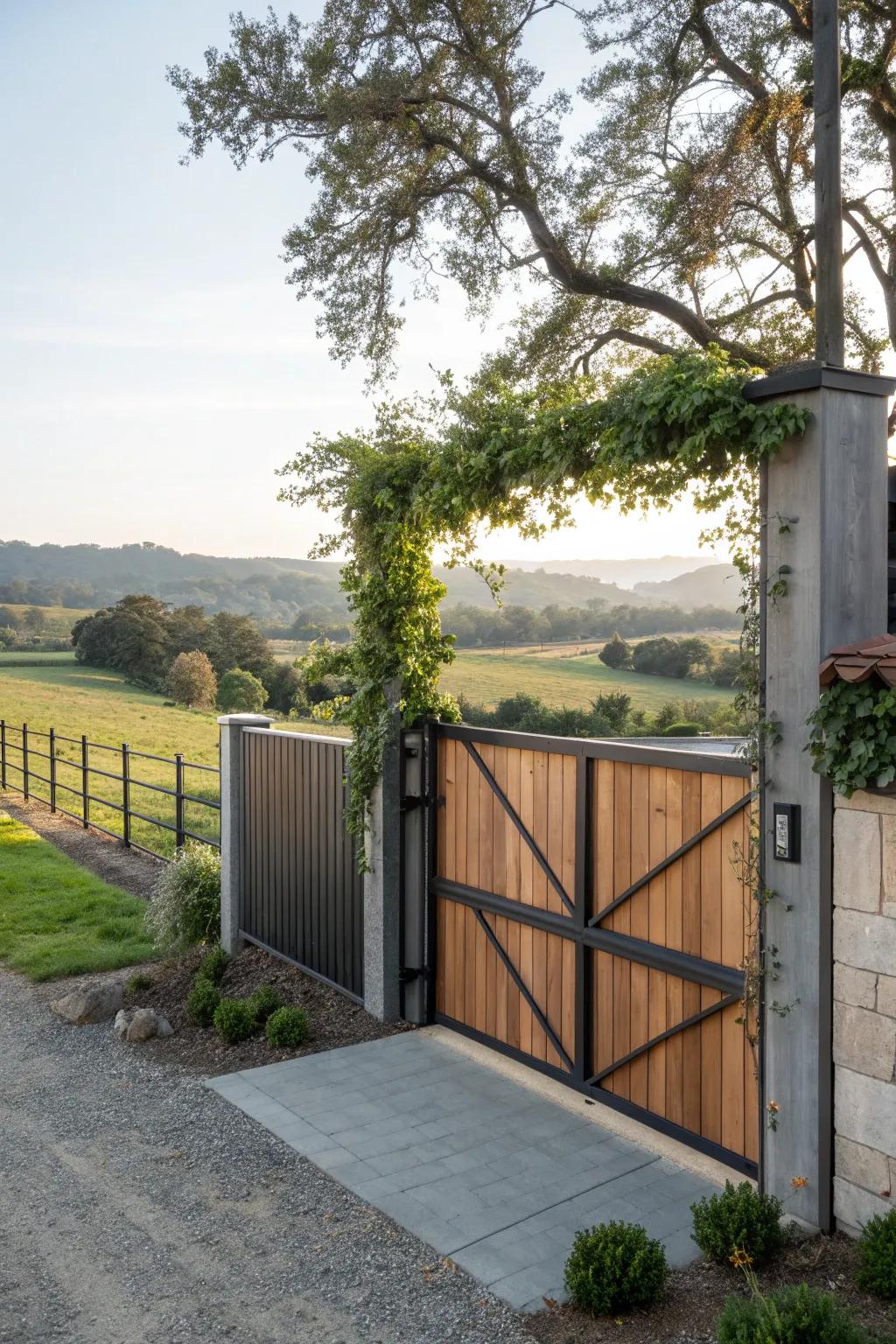 A modern farmhouse gate that combines rustic charm with contemporary design.