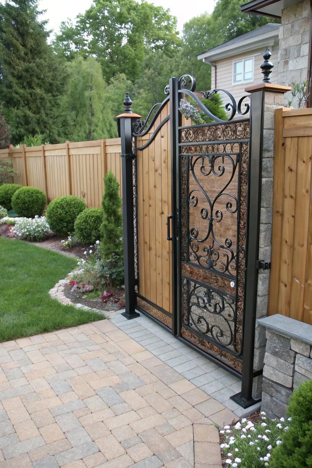 A metal and wood combo gate offers strength and warmth.