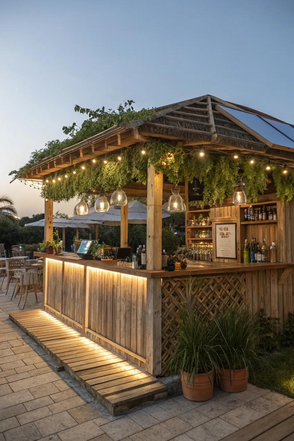 An eco-friendly gazebo bar with sustainable design elements.