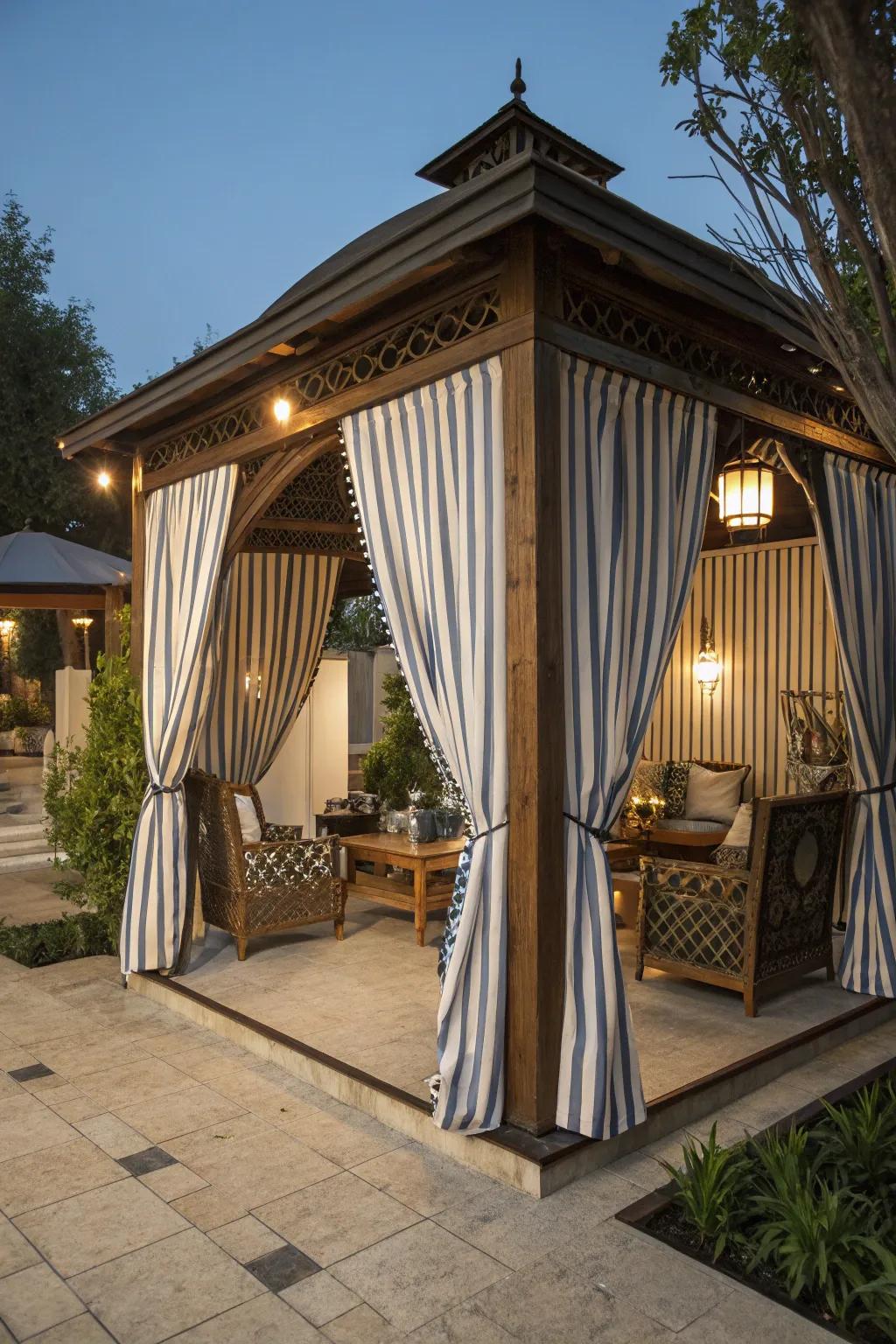 Striped curtains offer timeless sophistication.