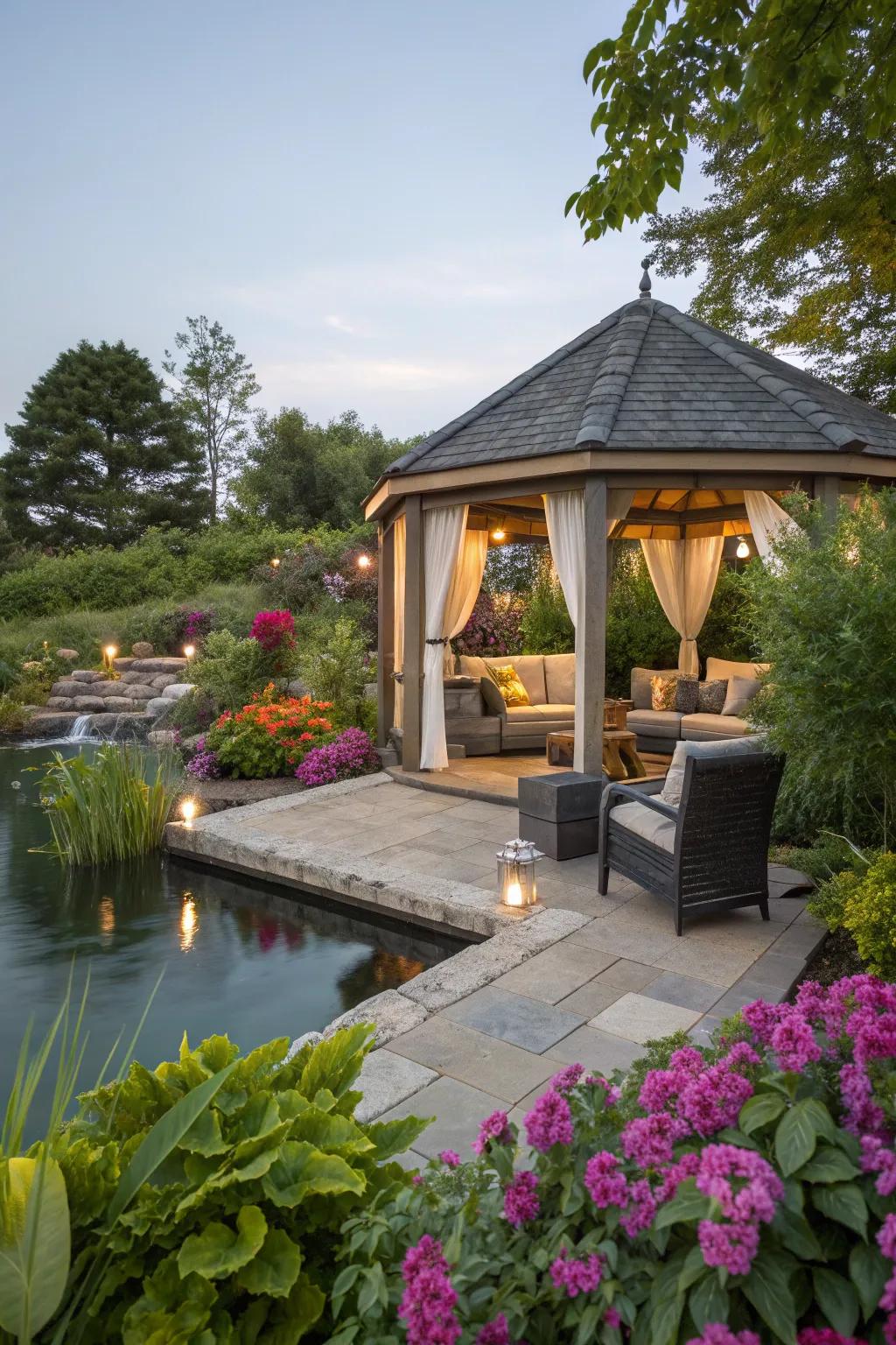 Enhance tranquility with a gazebo positioned by a soothing water feature.