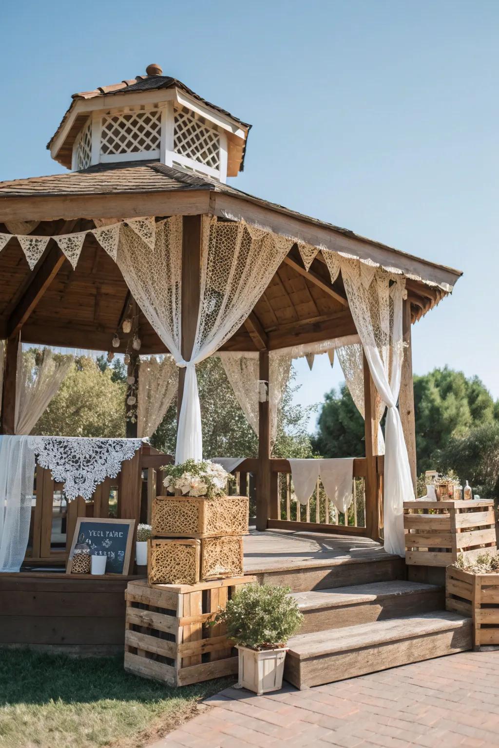 Rustic elements bringing a cozy feel to a gazebo party.