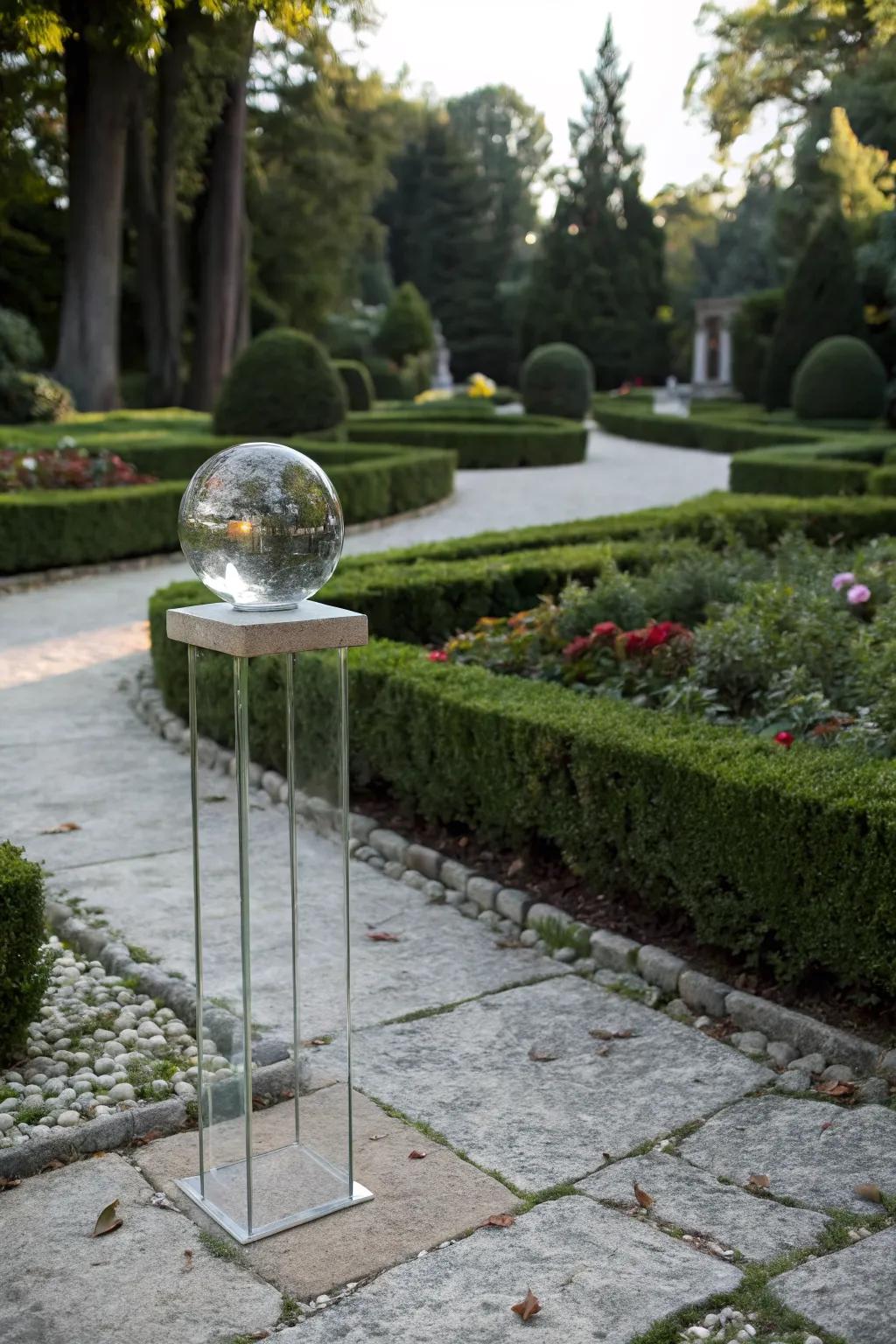 A minimalist glass stand keeps the focus elegantly on the gazing ball.