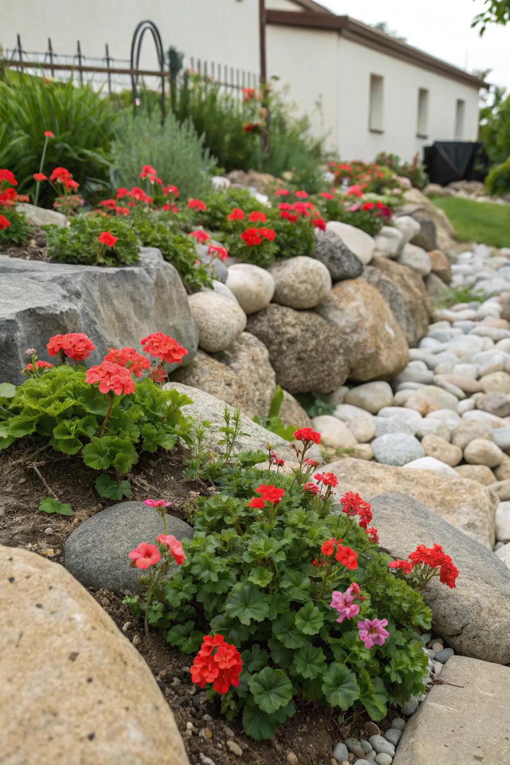 A naturalistic rock garden with geraniums adding vibrant color.