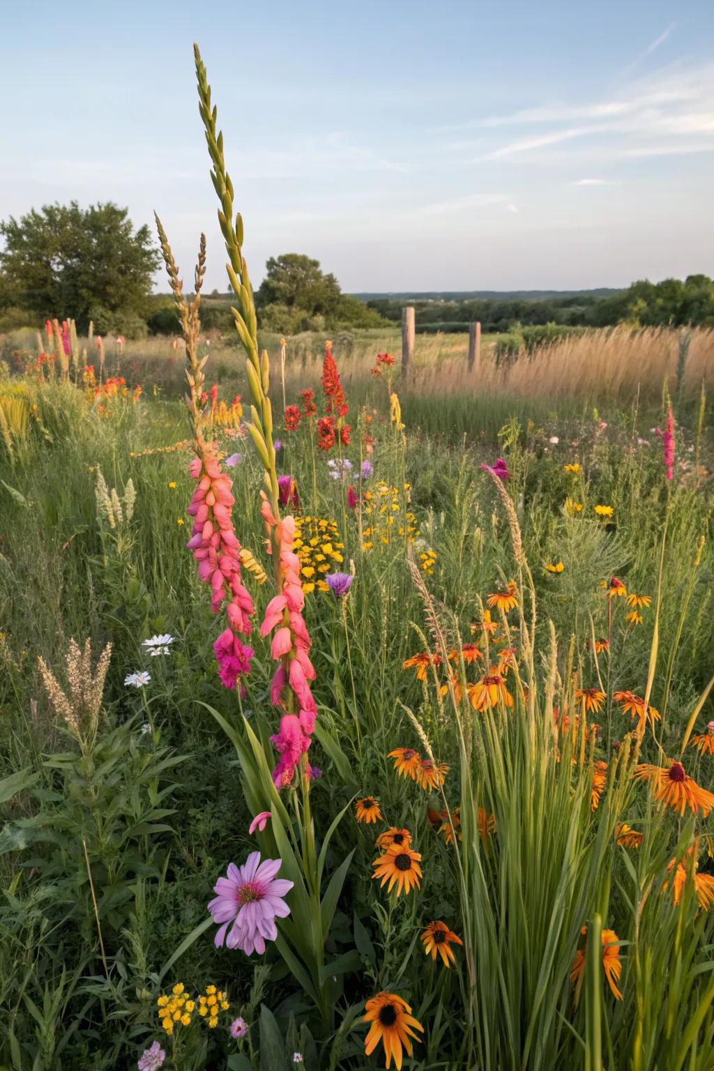 Prairie-style garden with gladiolus and wildflowers.