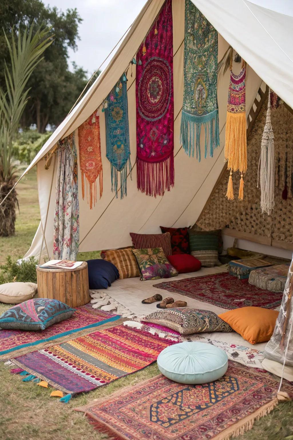 Infuse your glamping space with bohemian vibes for a lively atmosphere.