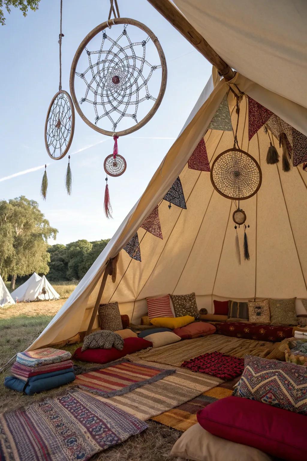 Dreamcatchers add a whimsical and bohemian vibe to the tent.