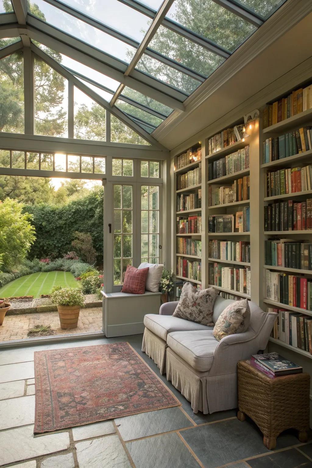 An indoor-outdoor library offers a unique intellectual retreat.