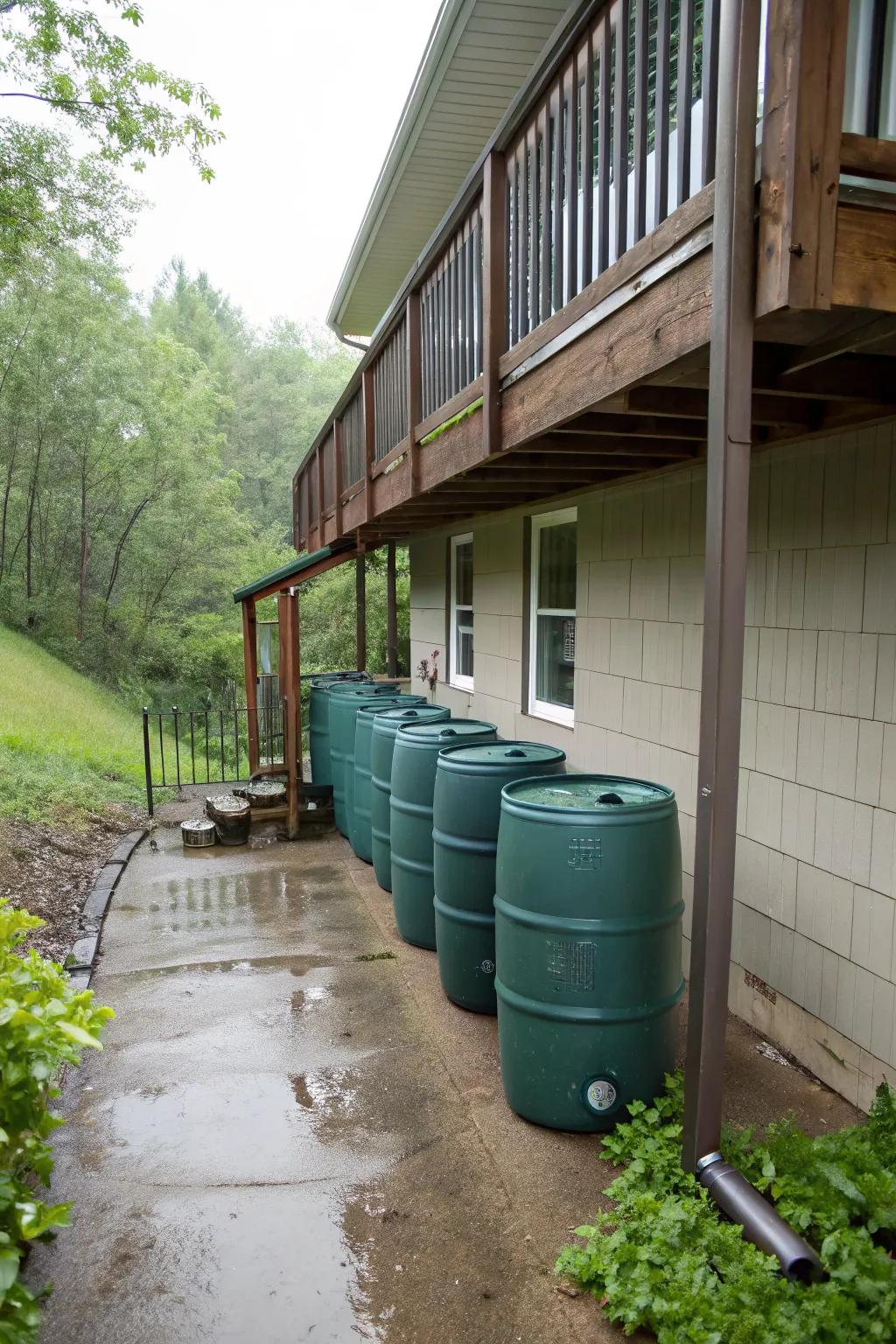 Rain barrels cleverly hidden under the house deck