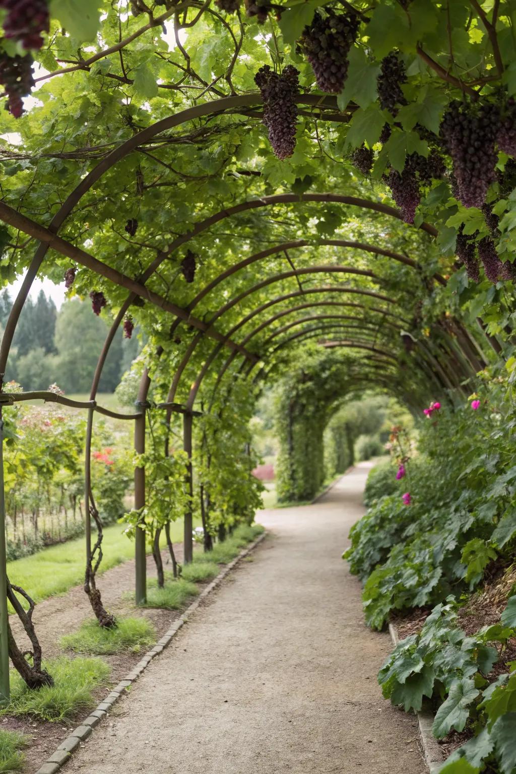 A whimsical grapevine tunnel providing an immersive garden experience.